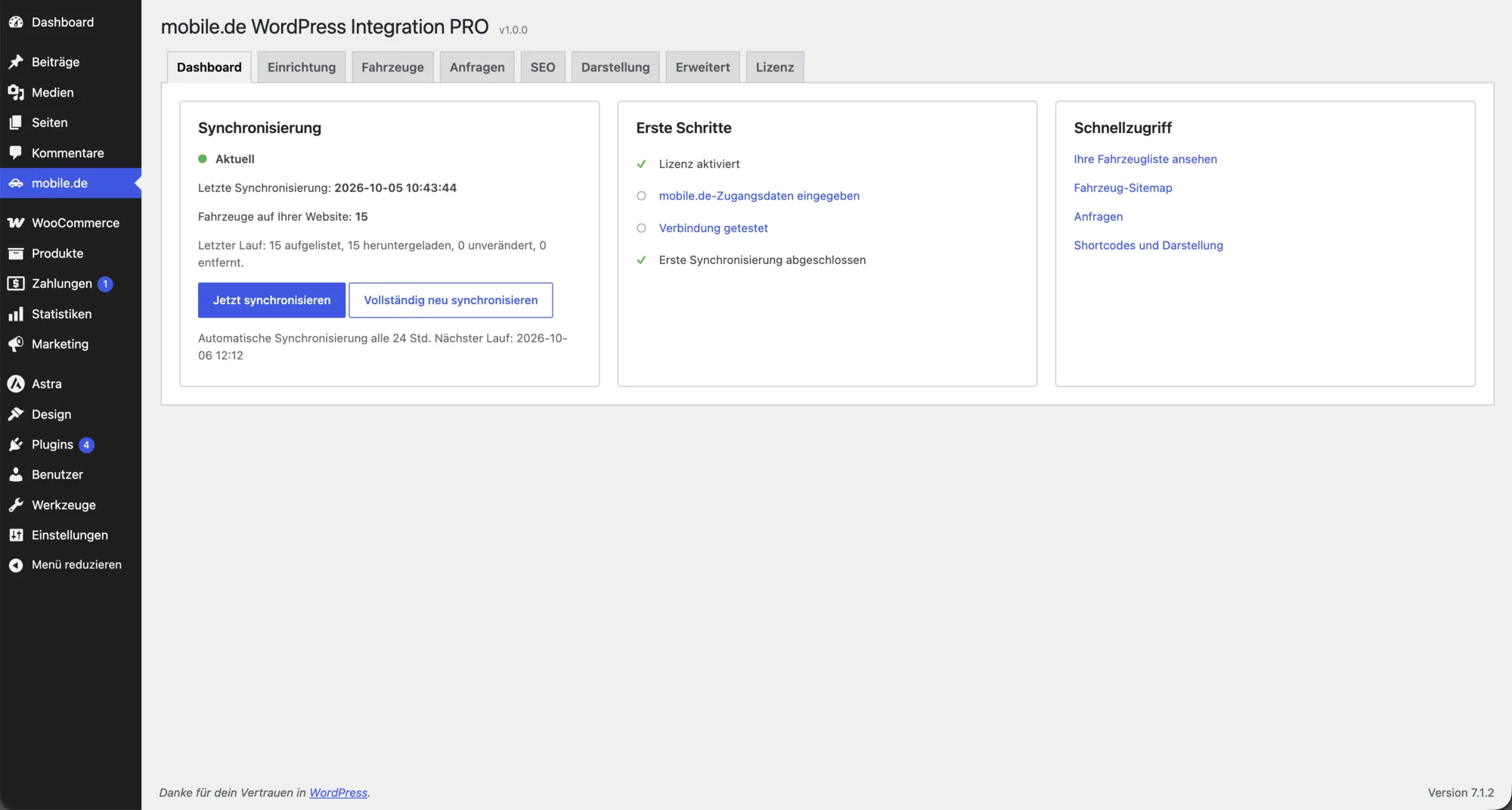 mobile.de WordPress Integration: Dashboard mit Synchronisierung des Fahrzeugbestands