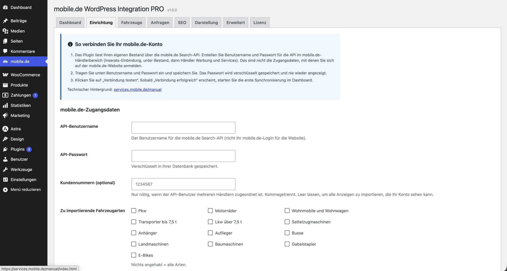 mobile.de WordPress Integration: Einrichtung der mobile.de Search-API Zugangsdaten