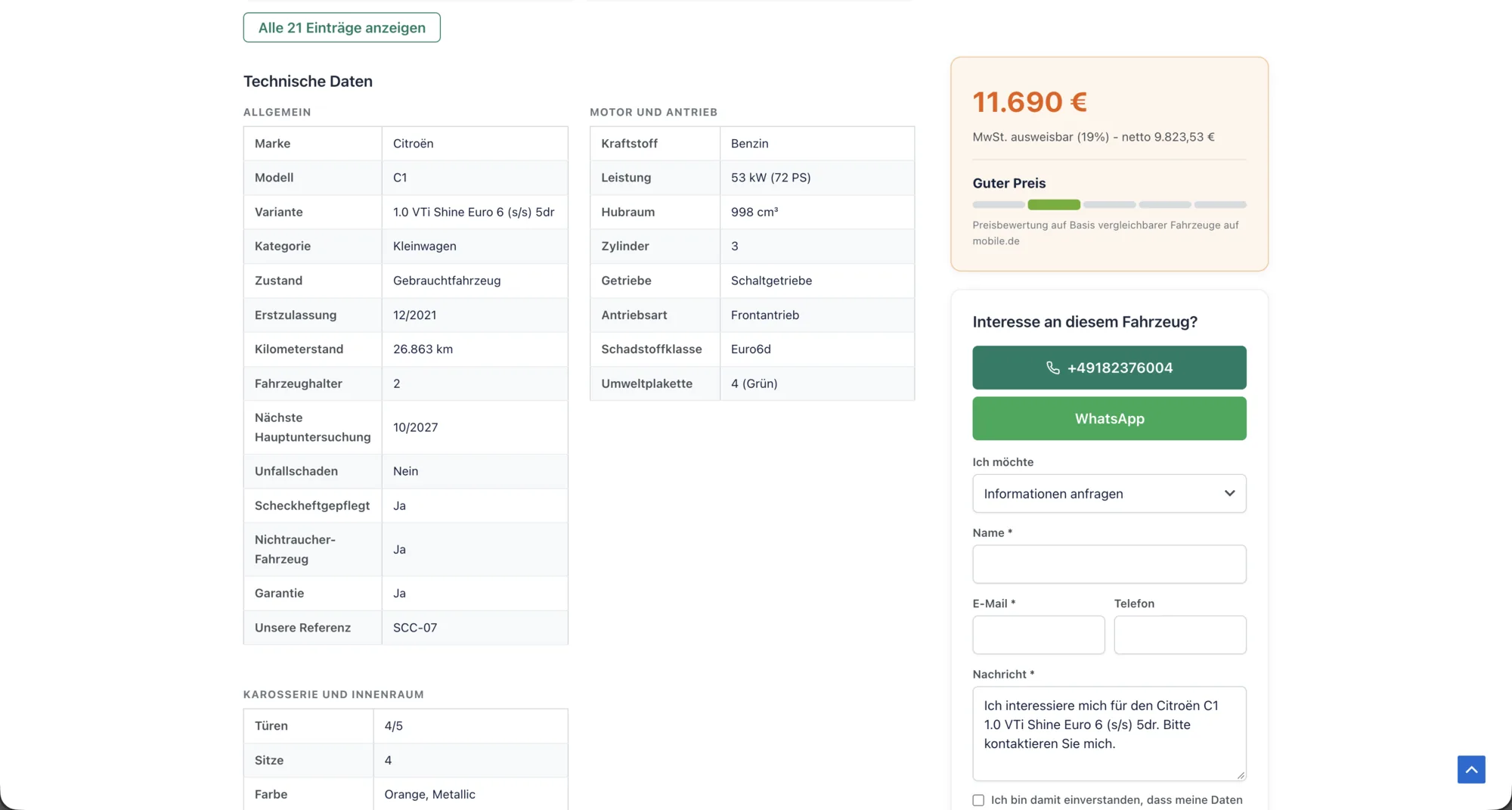mobile.de WordPress Integration: Technische Daten und Ausstattung auf der Fahrzeugseite