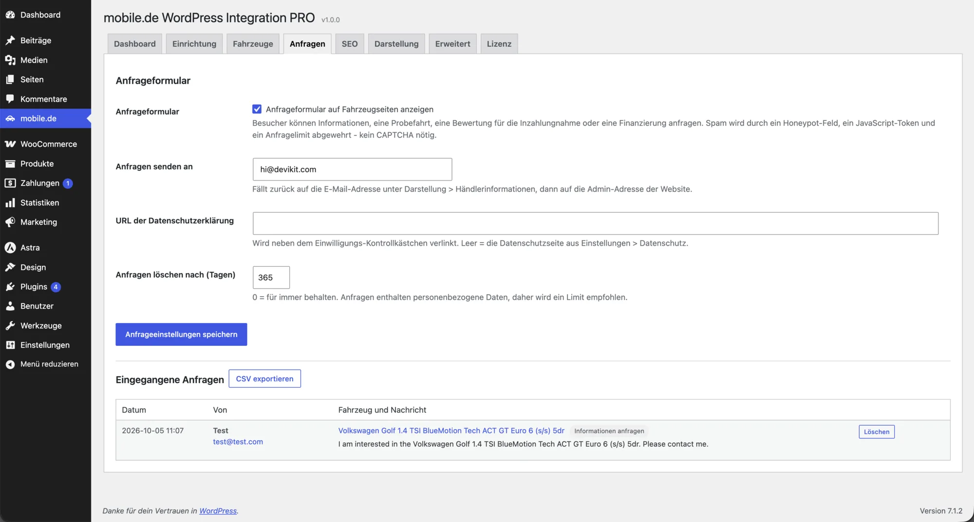 mobile.de WordPress Plugin: Anfrageformular-Einstellungen und eingegangene Anfragen