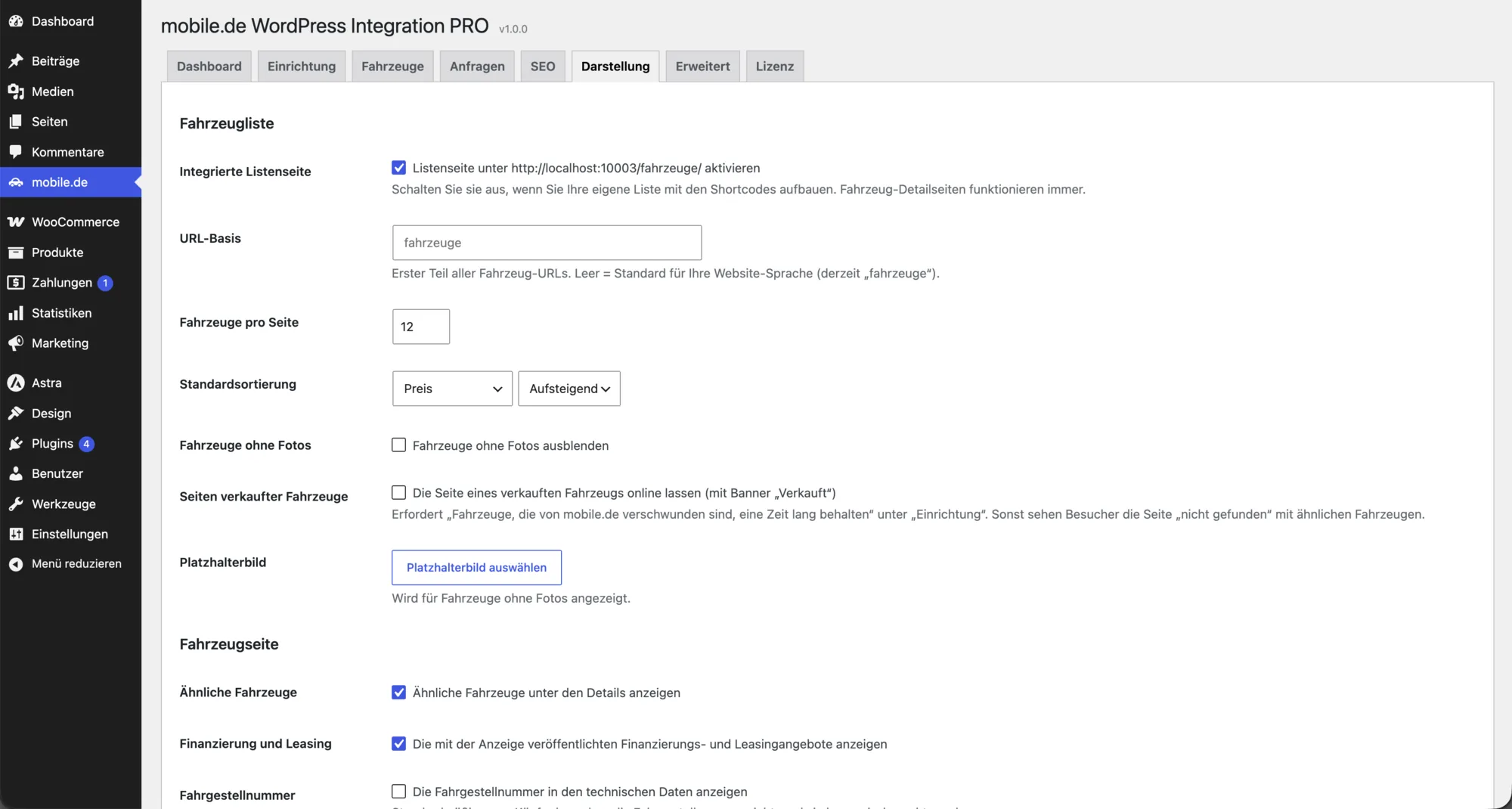 mobile.de WordPress Plugin: Darstellung der Fahrzeugliste und Fahrzeugseite einstellen