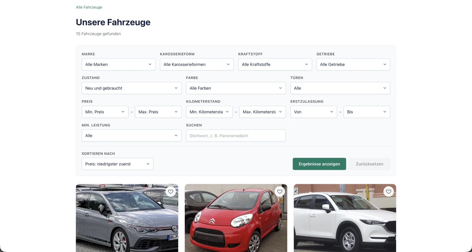 mobile.de WordPress Plugin: Fahrzeugliste mit Filtern nach Marke, Karosserieform, Kraftstoff, Getriebe, Preis und Kilometerstand