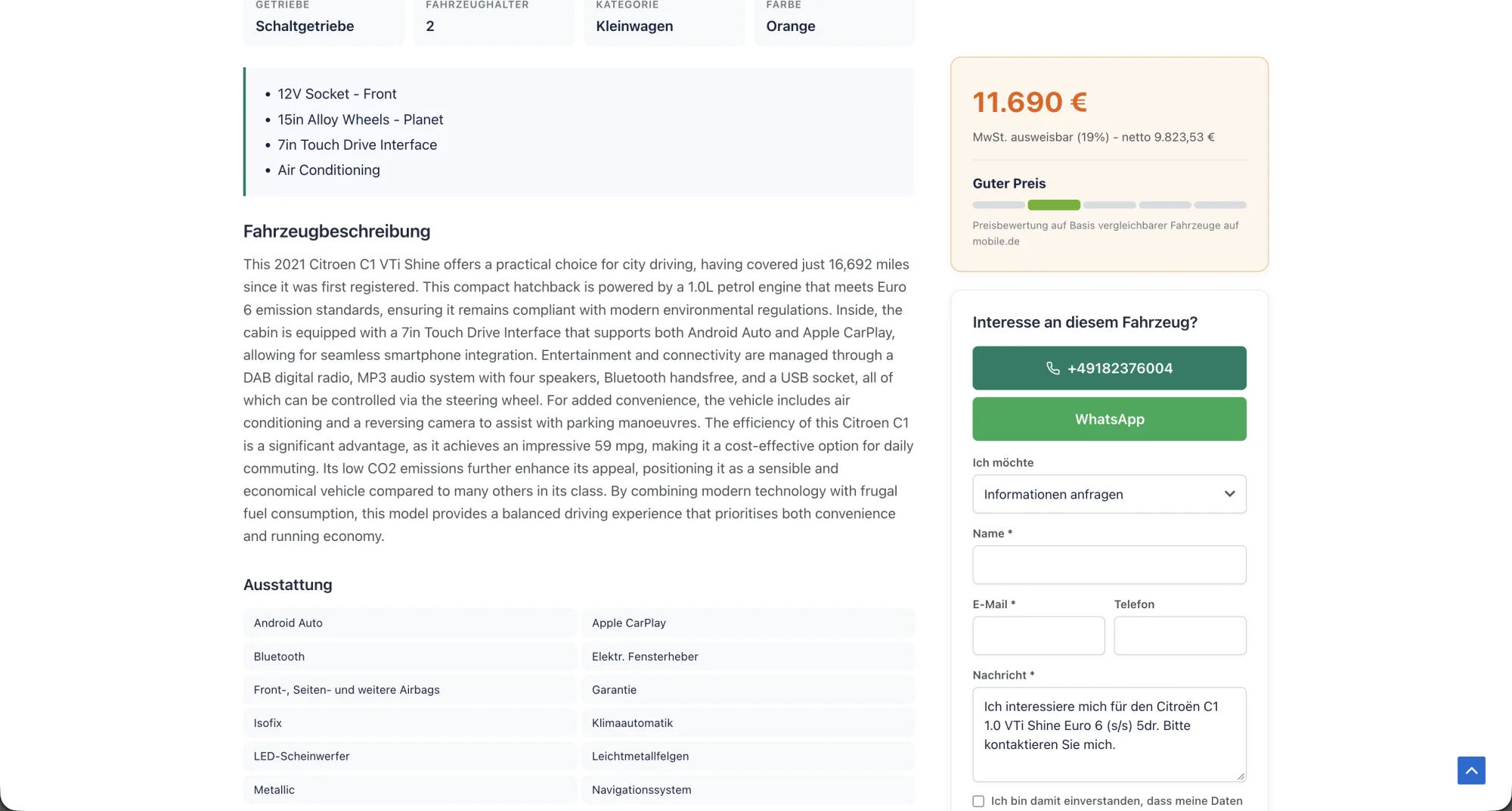 mobile.de WordPress Plugin: Fahrzeugbeschreibung, Ausstattungsliste und Anfrageformular auf der Fahrzeugseite