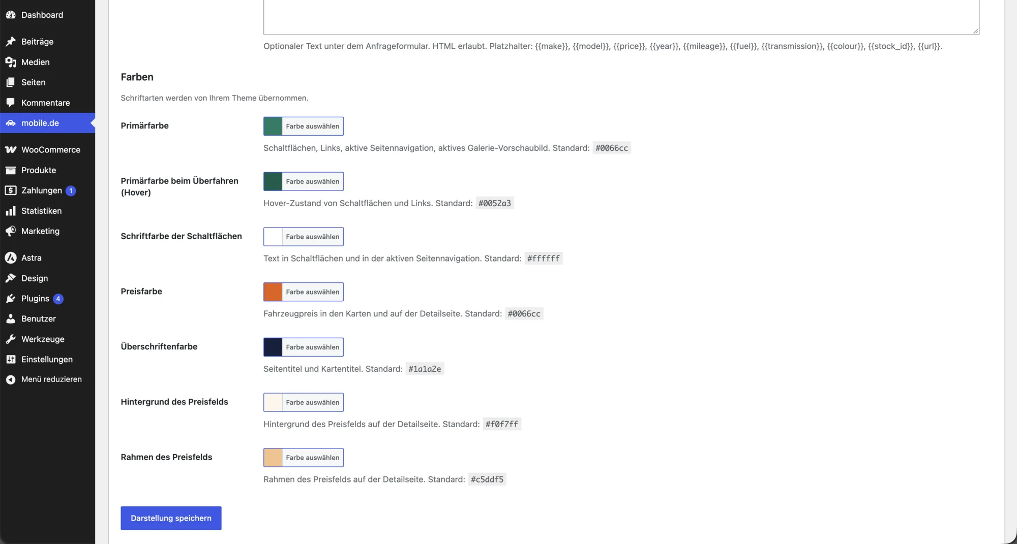 mobile.de WordPress Plugin: Farben für Schaltflächen, Preis und Überschriften anpassen