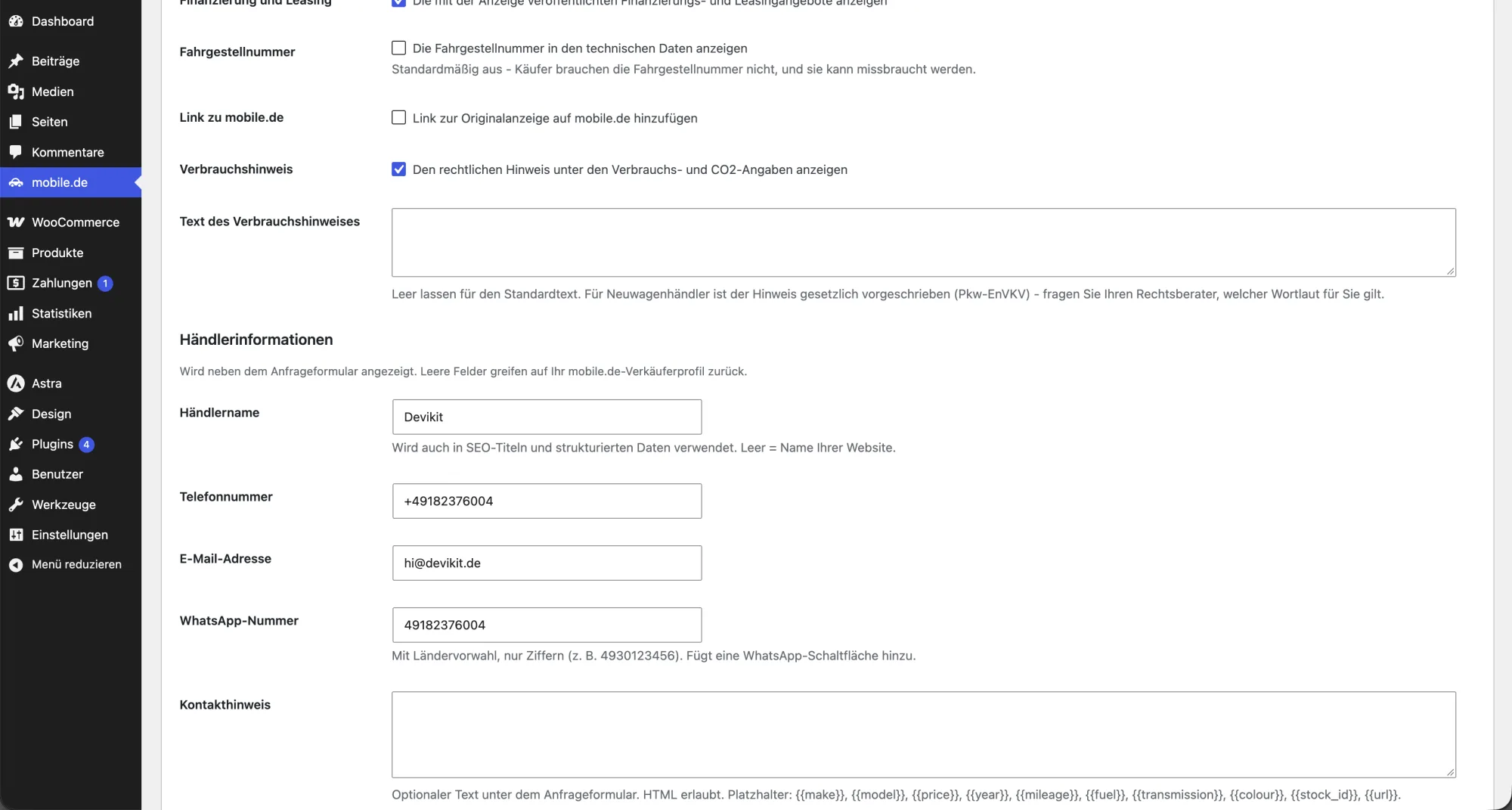 mobile.de WordPress Plugin: Händlerinformationen, Telefon, WhatsApp und Verbrauchshinweis konfigurieren
