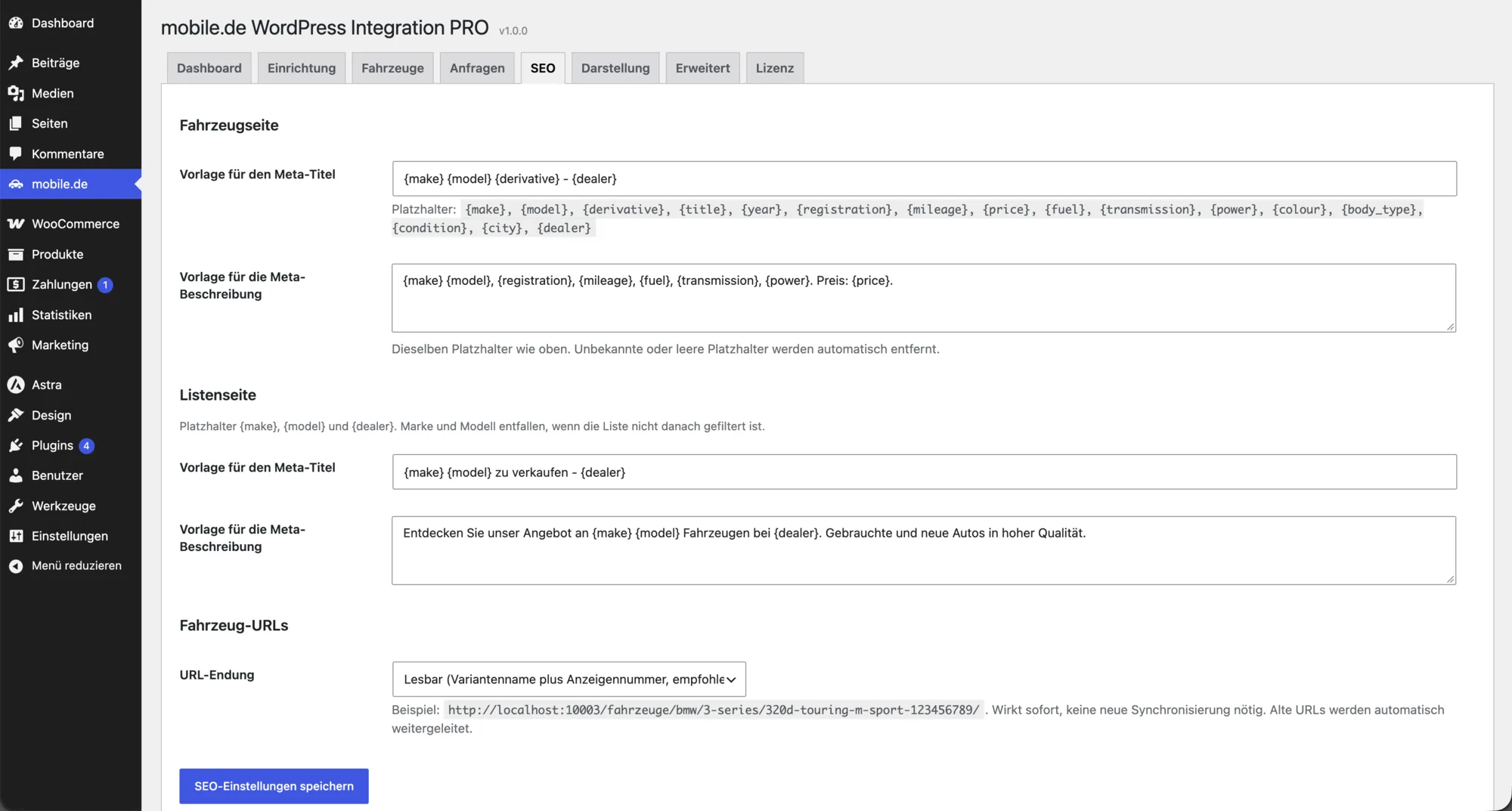 mobile.de WordPress Plugin: SEO-Vorlagen für Meta-Titel, Meta-Beschreibung und Fahrzeug-URLs