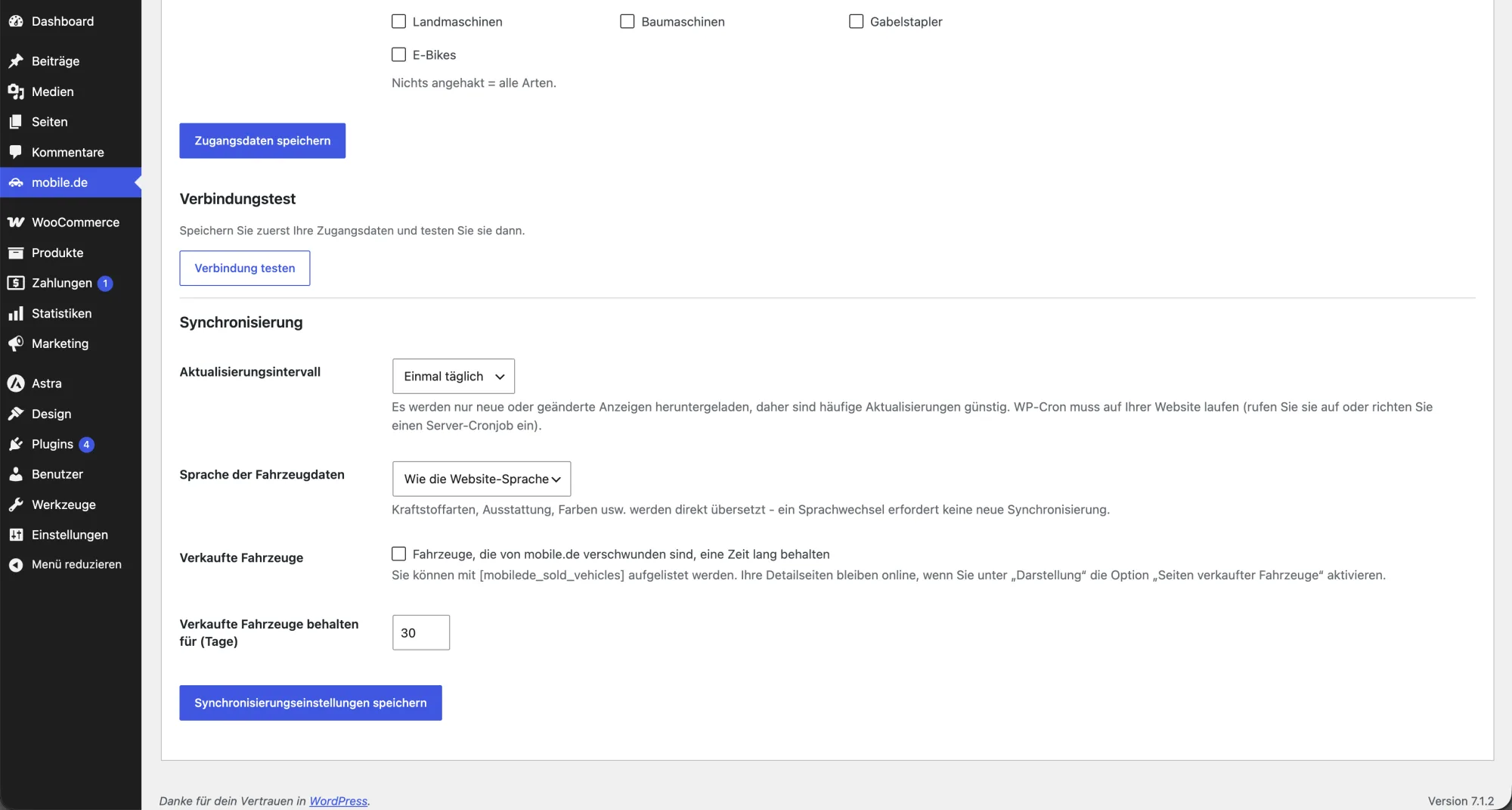 mobile.de WordPress Plugin: Synchronisierungsintervall, Fahrzeugsprache und verkaufte Fahrzeuge einstellen