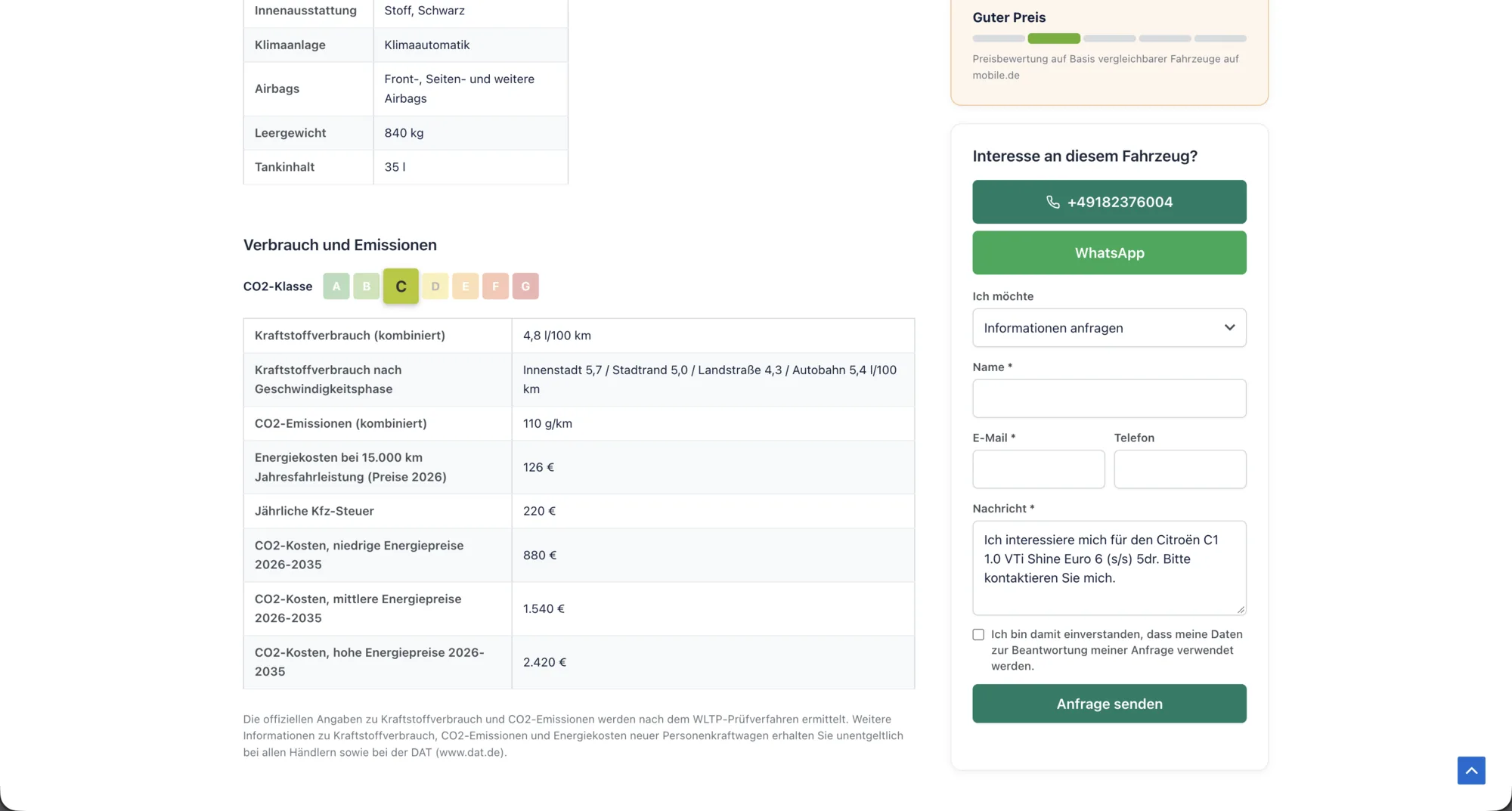 mobile.de WordPress Plugin: Verbrauch, CO2-Klasse und WLTP-Angaben nach Pkw-EnVKV
