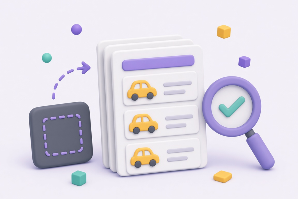 Lupe mit Häkchen über einem Stapel Fahrzeugseiten und ein gestrichelter iFrame-Rahmen - mobile.de iFrame oder Plugin